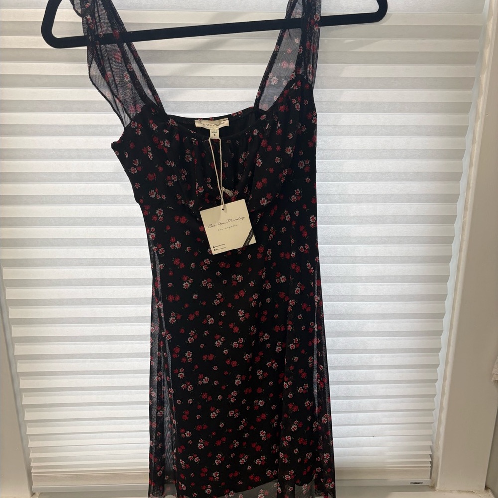 See You Monday Black Dress with Red Floral Pattern